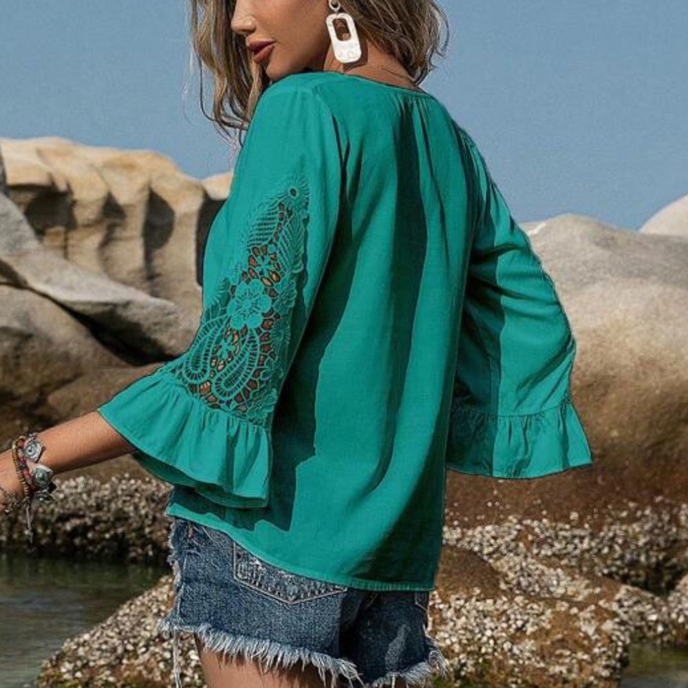 018 Boho Floral Crochet bell sleeve top - Picture 2 of 5